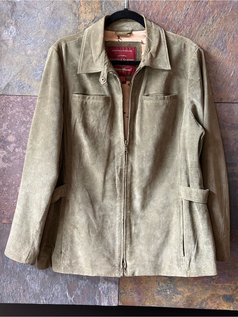 Retro Eddie Bauer ‘Seattle Suede’ washable olive, women’s XL, EUC